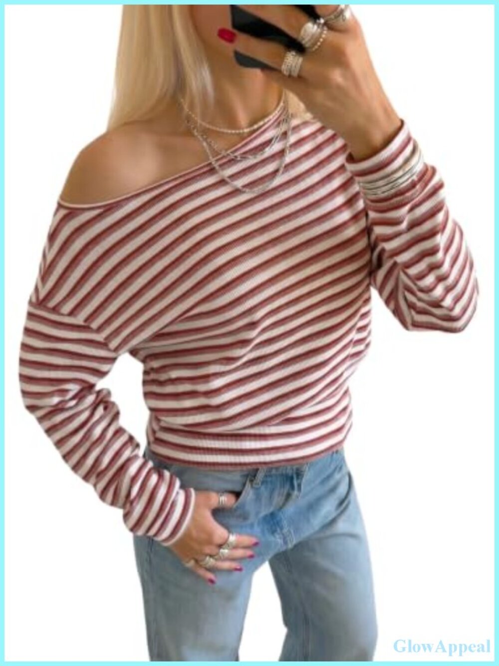 Off Shoulder Cropped Top Striped Long Sleeve Ribbed Knit Women's Tee